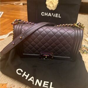 Chanel Old Medium Boy Bag Iridescent Purple Goatskin Rainbow Hardware